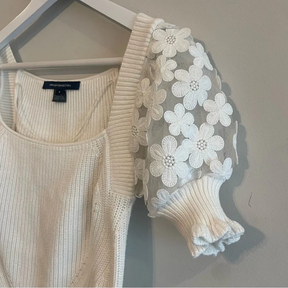 FRENCH CONNECTION Juliet Mozart Caballo Puff Sleeve Crop Sweater White Small - Picture 3 of 10